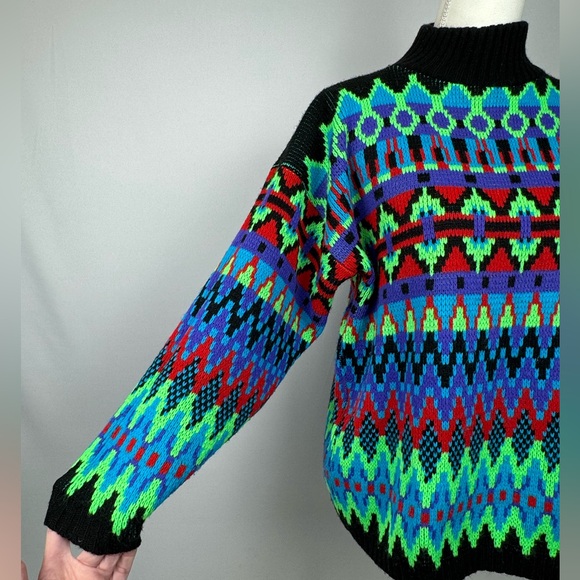 Vintage Croquet Club Turtleneck Sweater Mock Neck Colorful 1980s Large - Picture 2 of 6